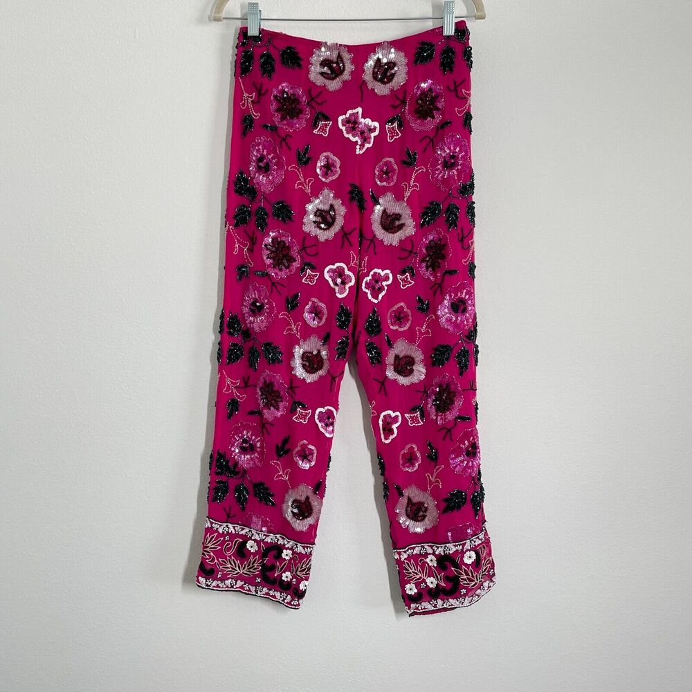 Vintage Cache Sequin Pants Pink Women Silk Beaded Straight Leg Party Cocktail